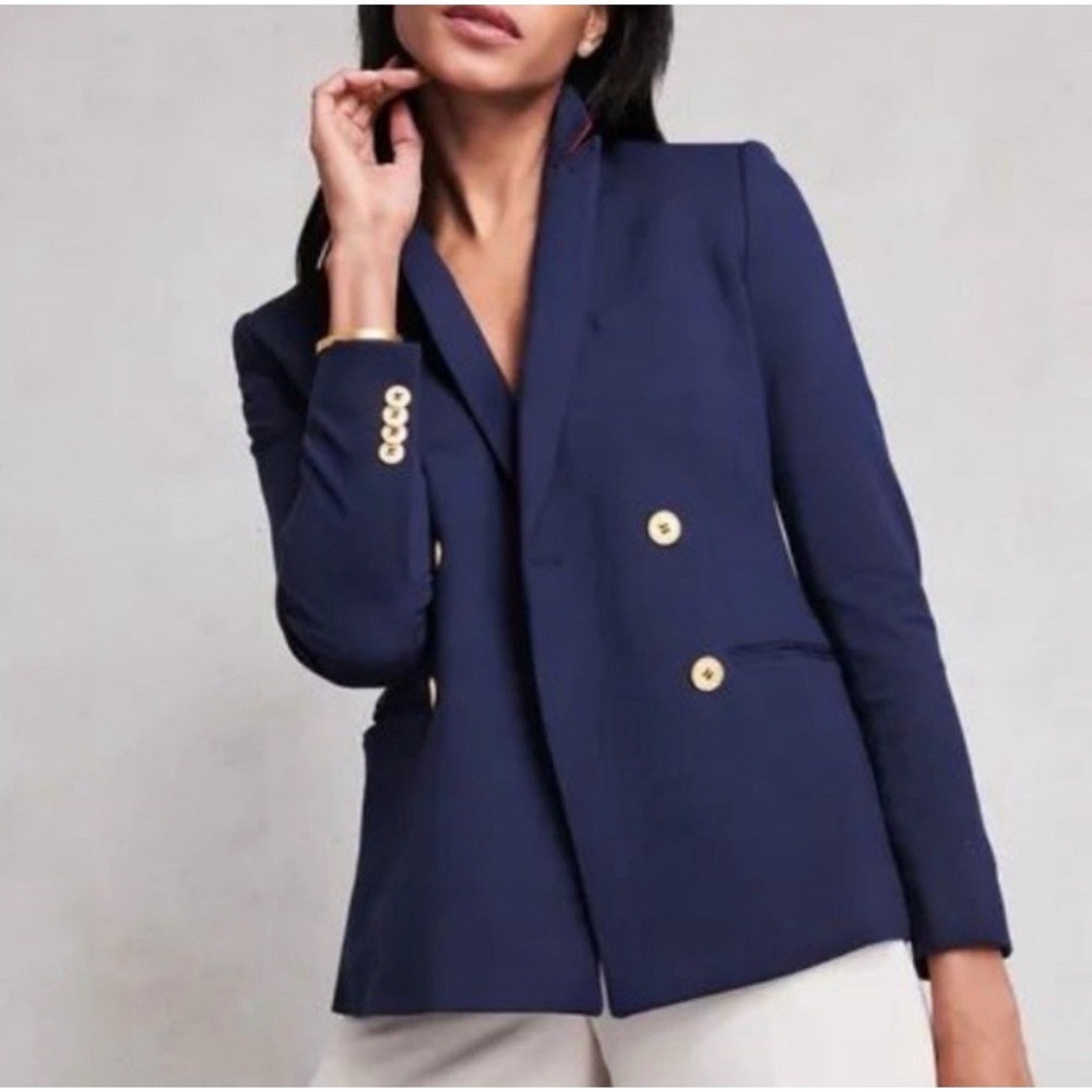 J. McLaughlin Navy Blue Warrington Double-Breasted Blazer Size 10 Preppy Neutral - Picture 5 of 11